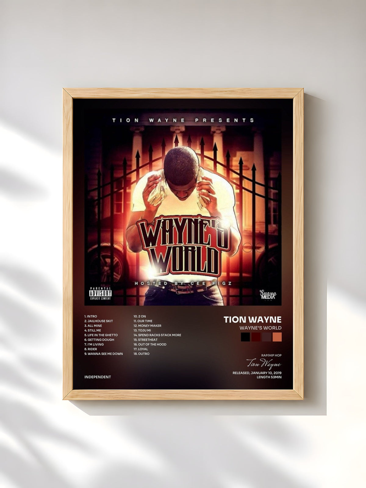 #bois Tableau de l'album Wayne's World de Tion Wayne, cadre en bois brut, imprimé et encadré en France