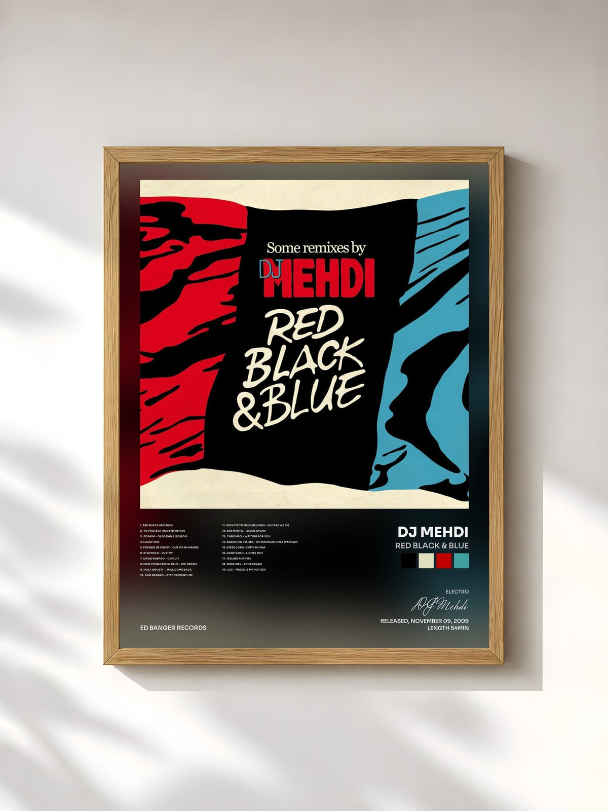 #bois Tableau de l'album Red Black & Blue de DJ Mehdi, cadre en bois brut, imprimé et encadré en France