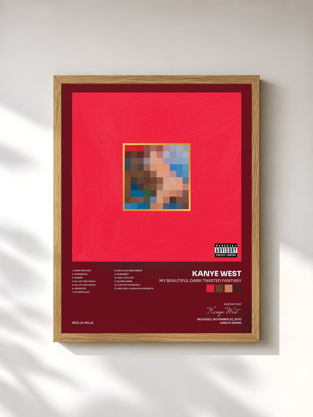 #bois Tableau de l'album My Beautiful Dark Twisted Fantasy de Kanye West, cadre en bois brut, imprimé et encadré en France