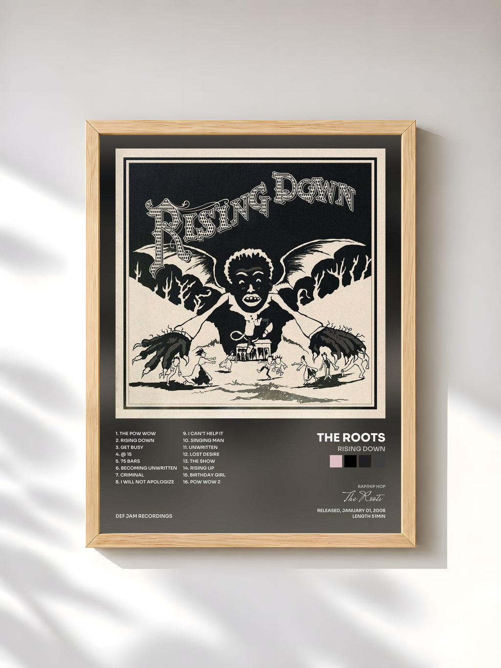 #bois Tableau de l'album Rising Down de The Roots, cadre en bois brut, imprimé et encadré en France