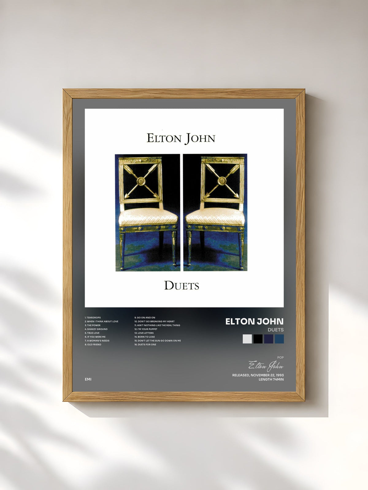 #bois Tableau de l'album Duets de Elton John, cadre en bois brut, imprimé et encadré en France