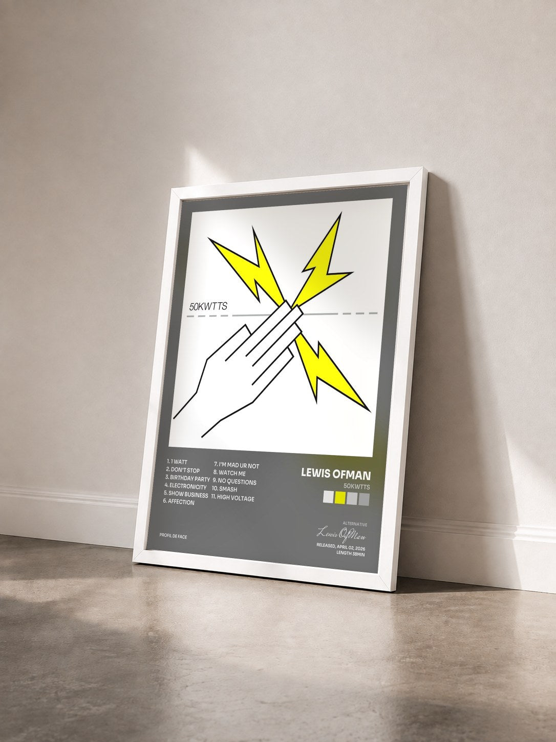 #blanc Tableau de l'album 50KWTTS de Lewis OfMan vu de trois quarts, cadre blanc