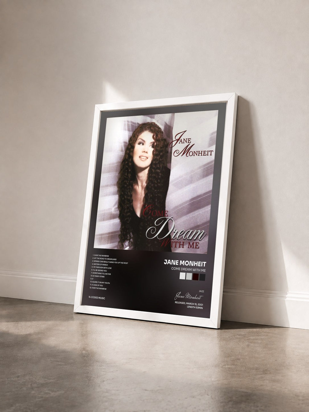 #blanc Tableau de l'album Come Dream with Me de Jane Monheit vu de trois quarts, cadre blanc
