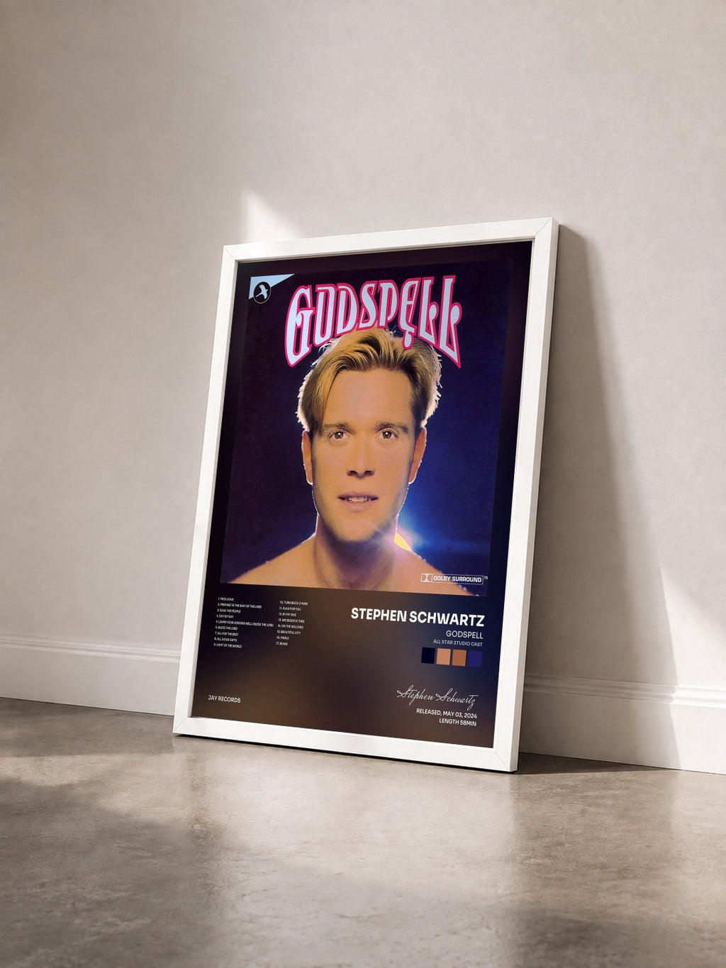#blanc Tableau de l'album Godspell (All Star Studio Cast) de Stephen Schwartz vu de trois quarts, cadre blanc