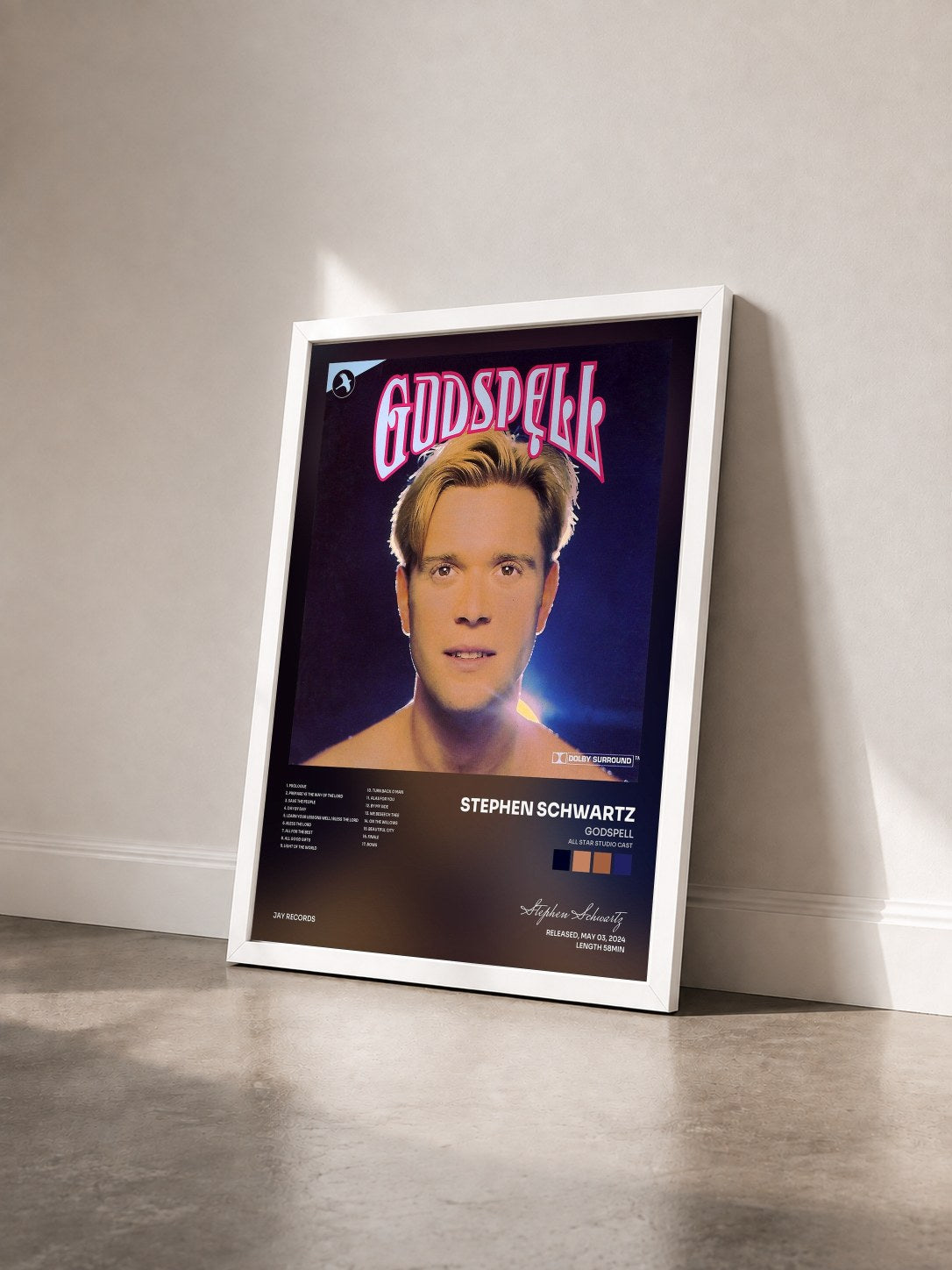 #blanc Tableau de l'album Godspell (All Star Studio Cast) de Stephen Schwartz vu de trois quarts, cadre blanc