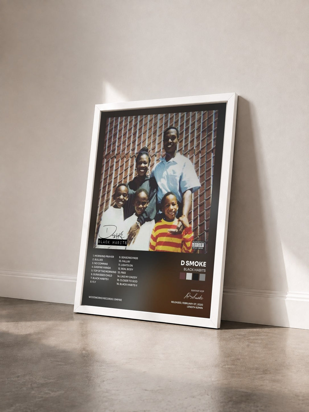 #blanc Tableau de l'album Black Habits de D Smoke vu de trois quarts, cadre blanc