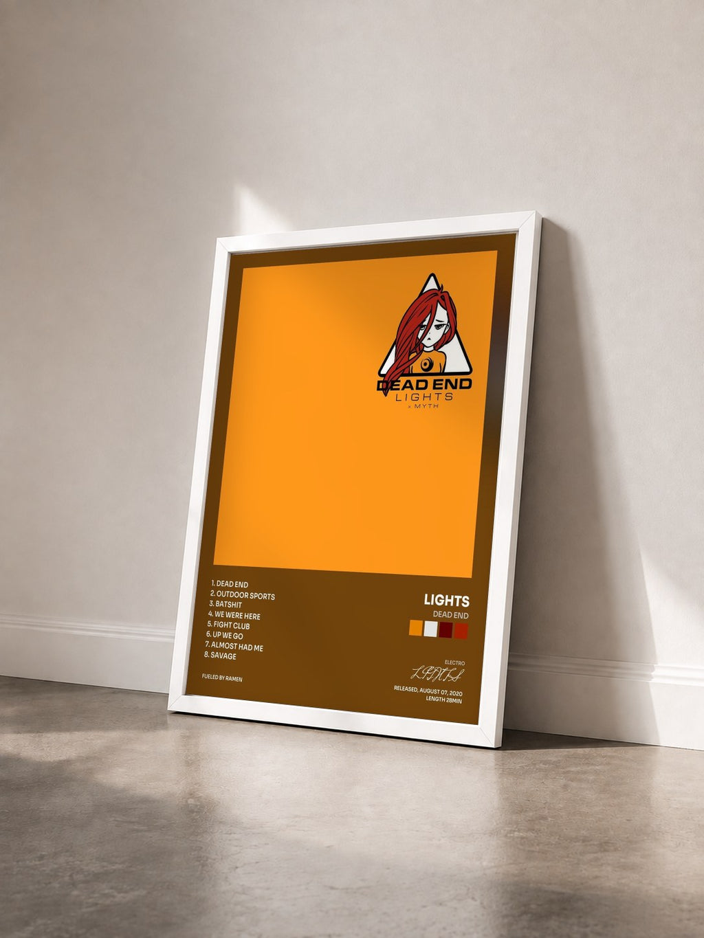 #blanc Tableau de l'album Dead End de LIGHTS vu de trois quarts, cadre blanc