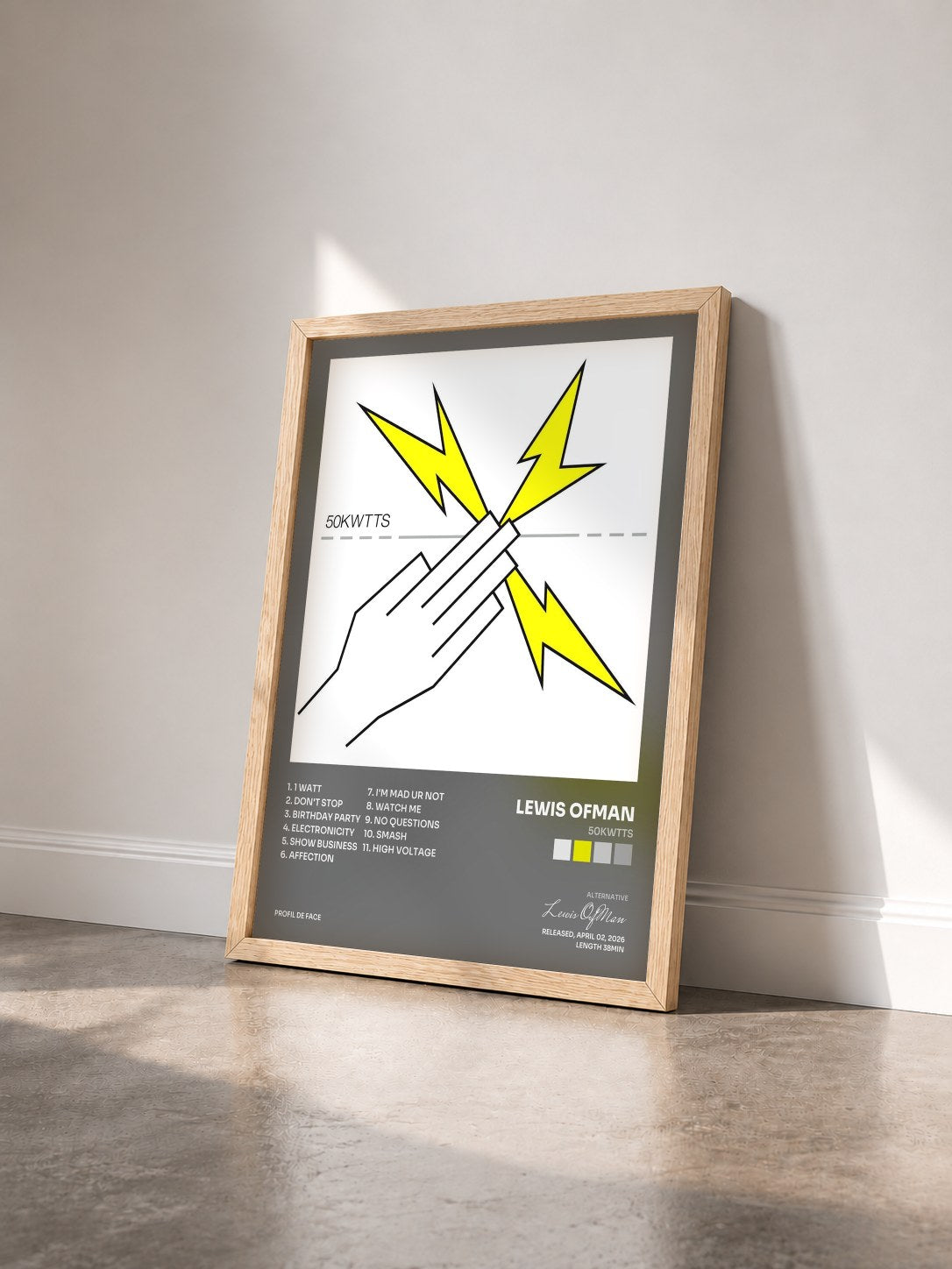 #bois Tableau de l'album 50KWTTS de Lewis OfMan vu de trois quarts, cadre en bois brut