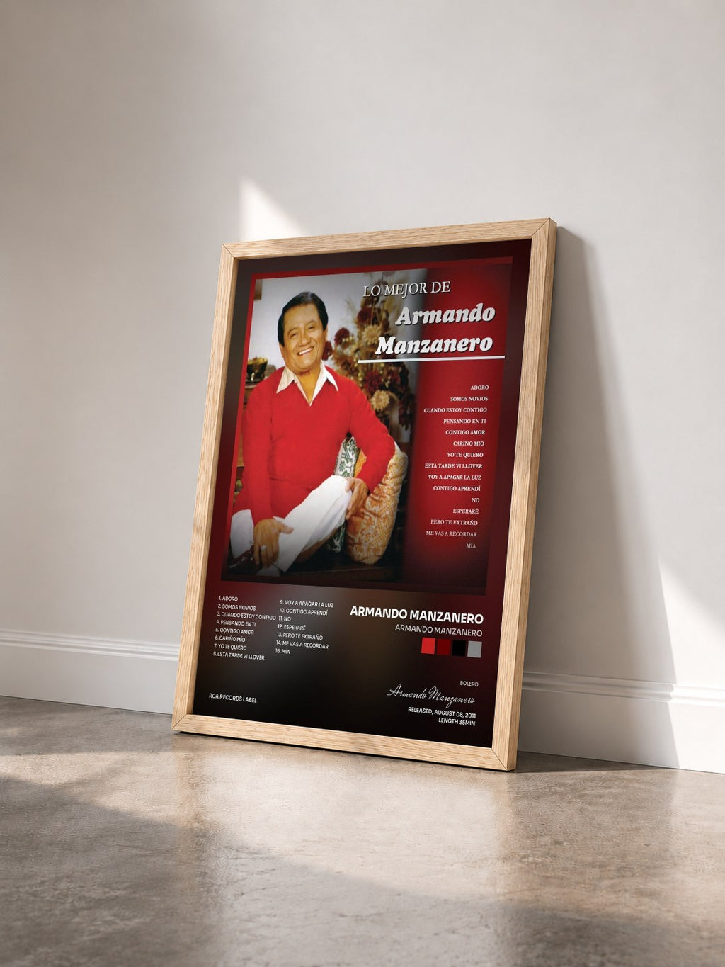 #bois Tableau de l'album Armando Manzanero de Armando Manzanero vu de trois quarts, cadre en bois brut