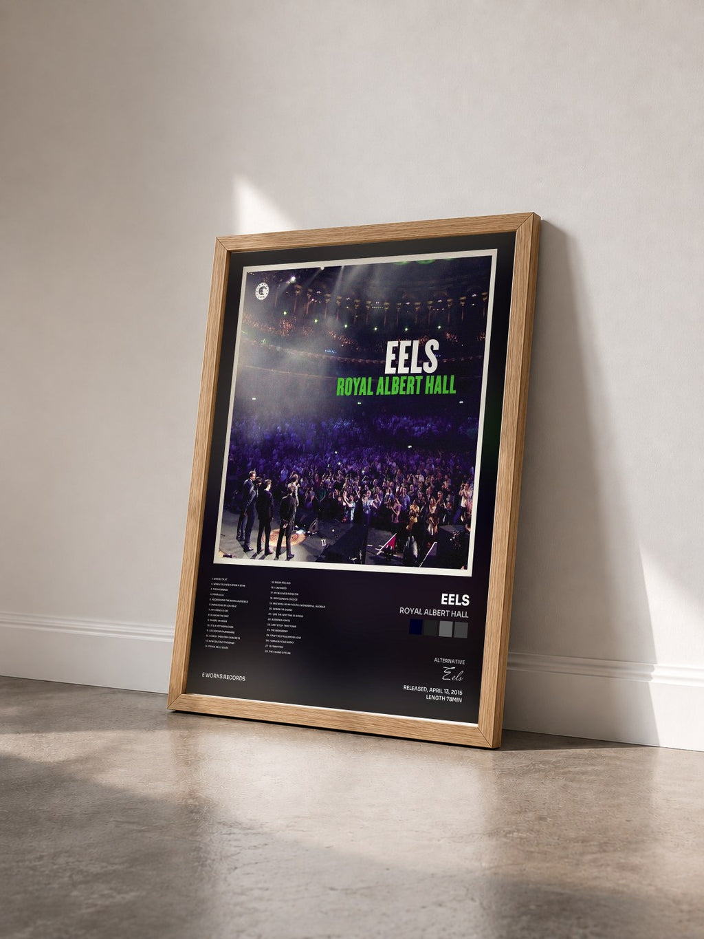 #bois Tableau de l'album Royal Albert Hall de Eels vu de trois quarts, cadre en bois brut