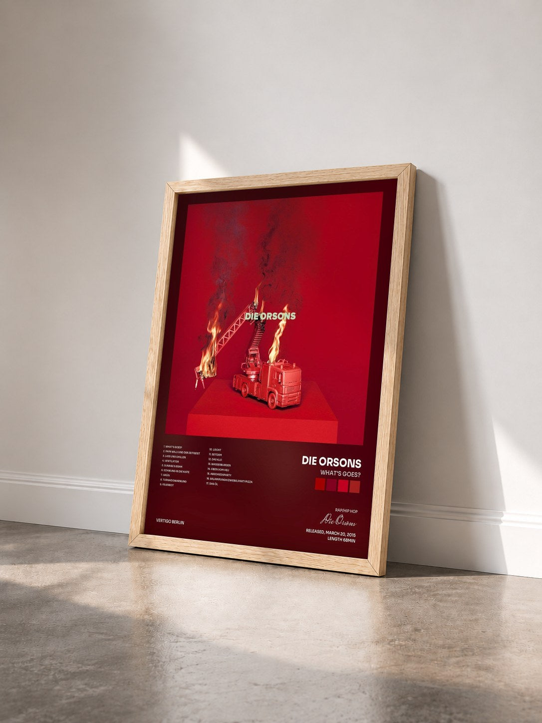 #bois Tableau de l'album What's Goes? de Die Orsons vu de trois quarts, cadre en bois brut
