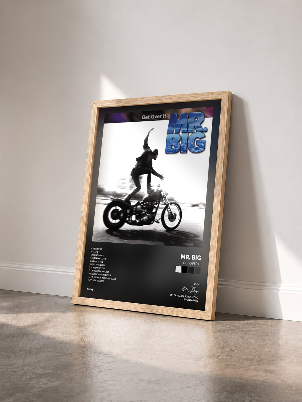 #bois Tableau de l'album Get Over It de Mr. Big vu de trois quarts, cadre en bois brut