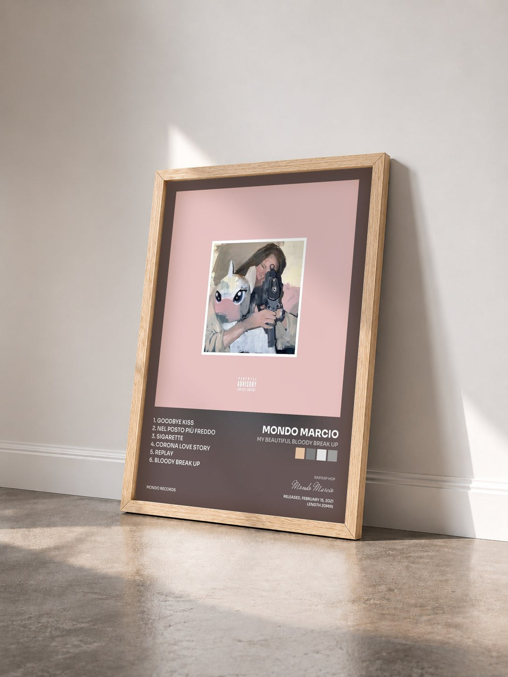 #bois Tableau de l'album My Beautiful Bloody Break Up de Mondo Marcio vu de trois quarts, cadre en bois brut
