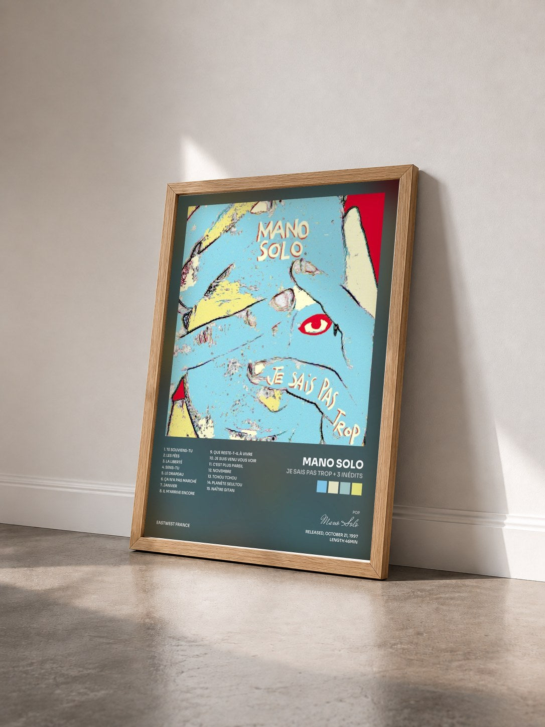 #bois Tableau de l'album Je Sais Pas Trop + 3 Inédits de Mano Solo vu de trois quarts, cadre en bois brut