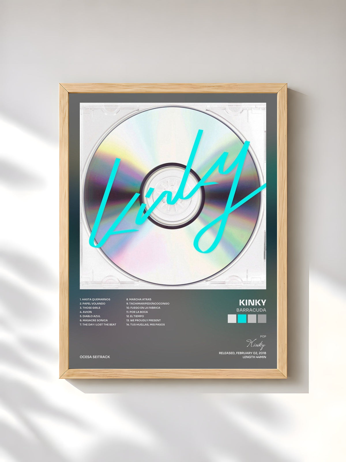 #bois Tableau de l'album Barracuda de Kinky, cadre en bois brut, imprimé et encadré en France