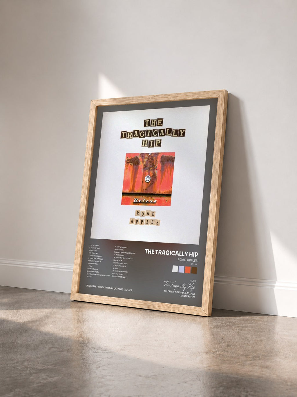 #bois Tableau de l'album Road Apples (Deluxe) de The Tragically Hip vu de trois quarts, cadre en bois brut