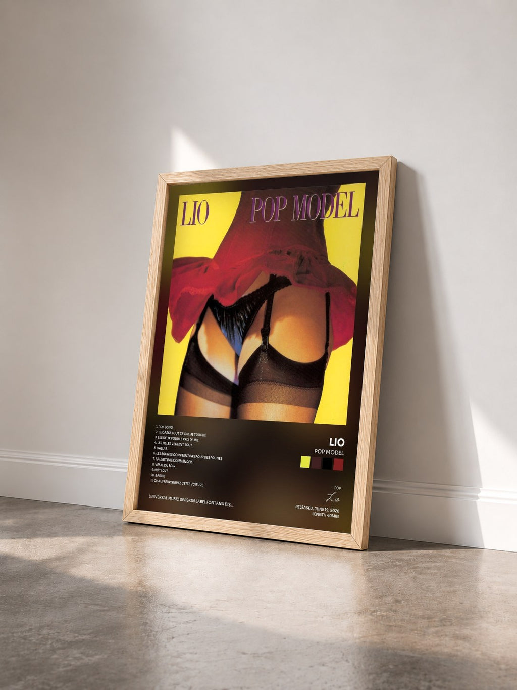#bois Tableau de l'album Pop model de Lio vu de trois quarts, cadre en bois brut