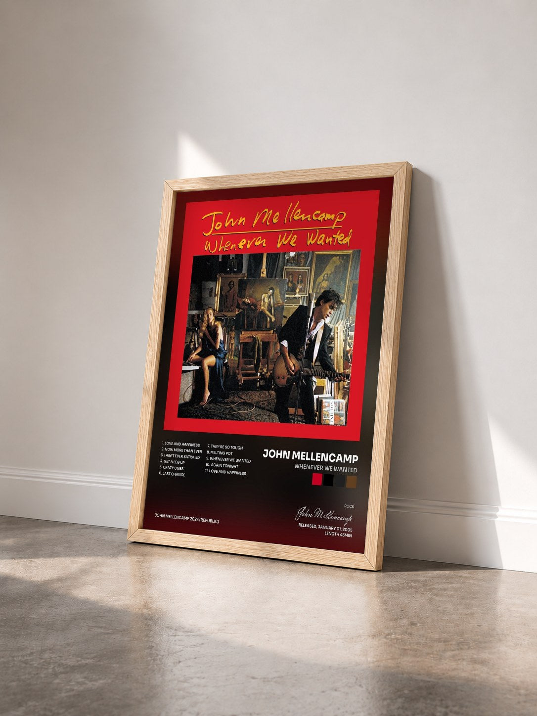 #bois Tableau de l'album Whenever We Wanted de John Mellencamp vu de trois quarts, cadre en bois brut