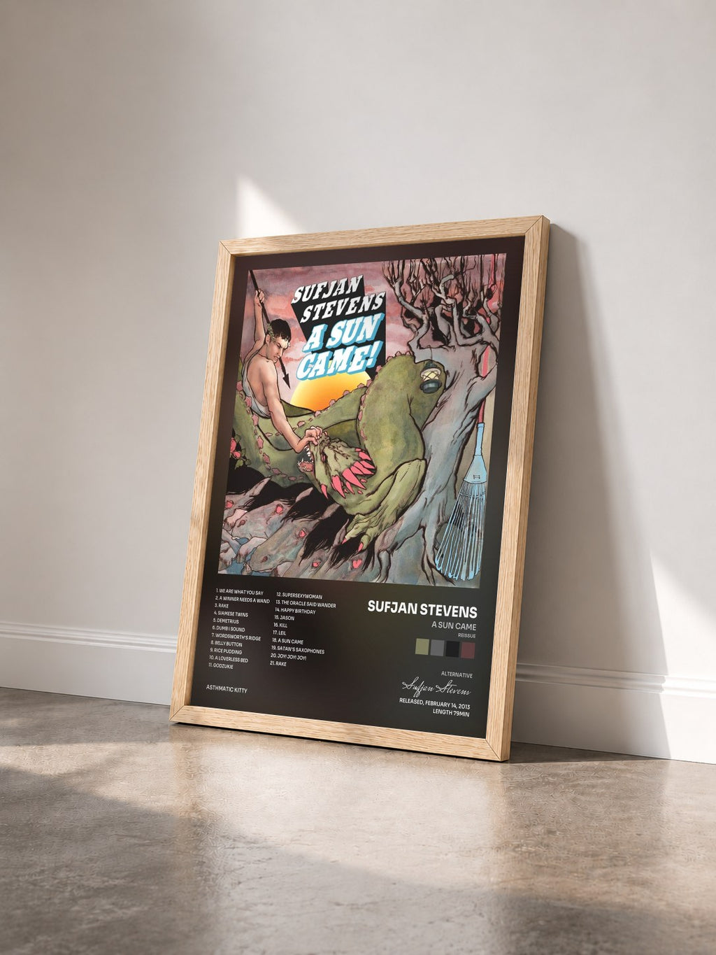 #bois Tableau de l'album A Sun Came (reissue) de Sufjan Stevens vu de trois quarts, cadre en bois brut