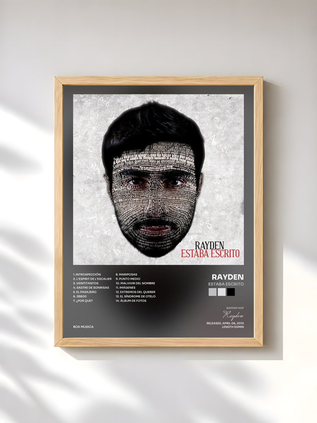 #bois Tableau de l'album Estaba Escrito de Rayden, cadre en bois brut, imprimé et encadré en France