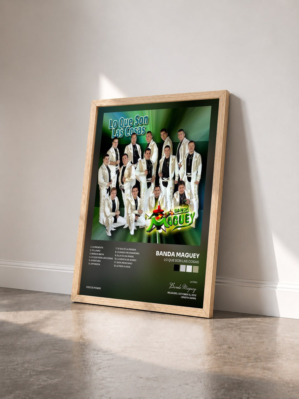 #bois Tableau de l'album Lo Que Son las Cosas de Banda Maguey vu de trois quarts, cadre en bois brut