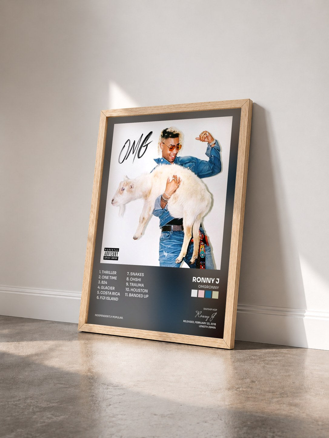 #bois Tableau de l'album OMGRONNY de Ronny J vu de trois quarts, cadre en bois brut