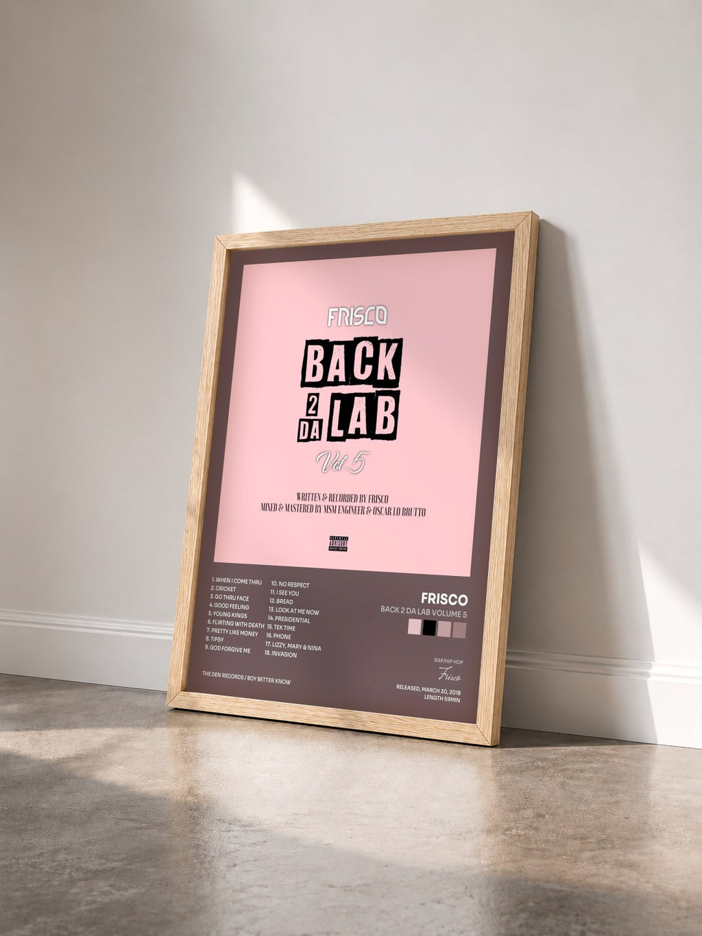 #bois Tableau de l'album Back 2 Da Lab Volume 5 de Frisco vu de trois quarts, cadre en bois brut