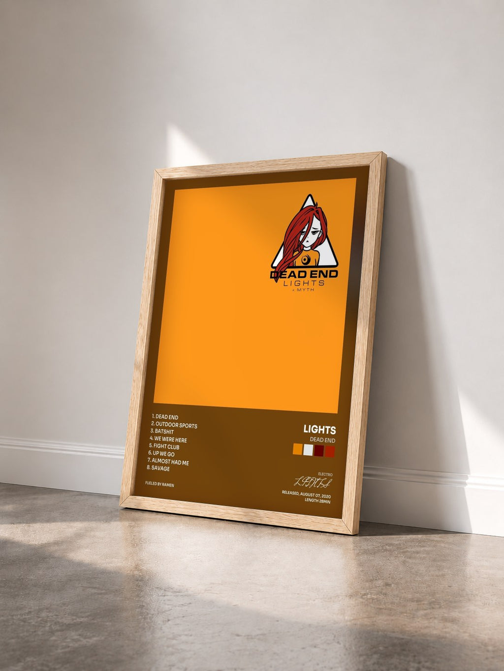 #bois Tableau de l'album Dead End de LIGHTS vu de trois quarts, cadre en bois brut