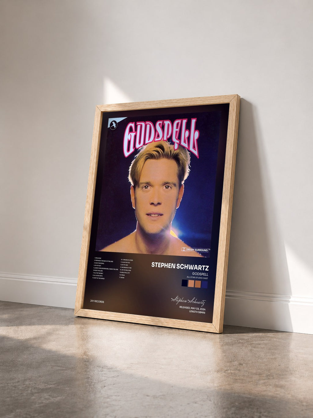 #bois Tableau de l'album Godspell (All Star Studio Cast) de Stephen Schwartz vu de trois quarts, cadre en bois brut
