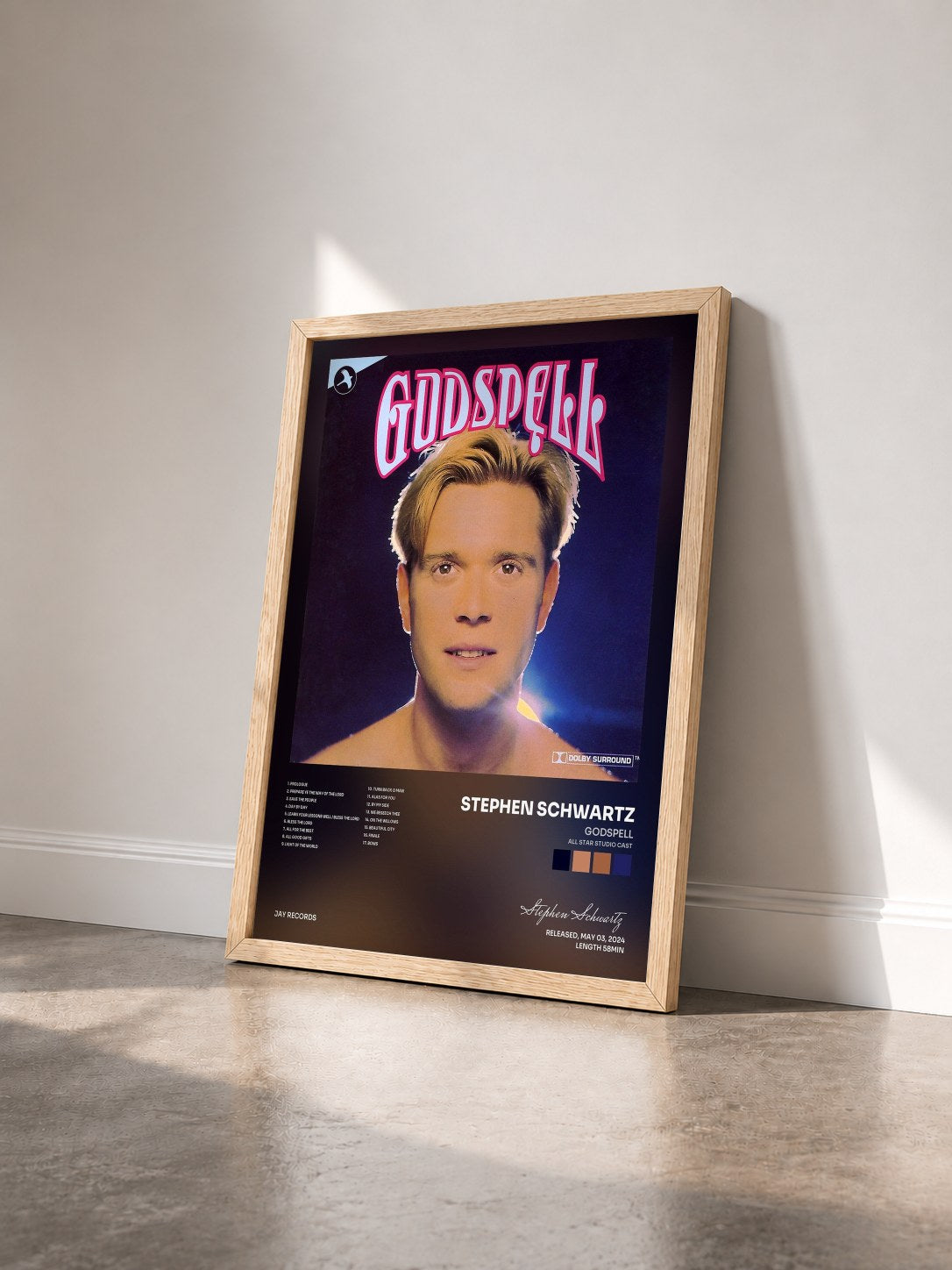 #bois Tableau de l'album Godspell (All Star Studio Cast) de Stephen Schwartz vu de trois quarts, cadre en bois brut