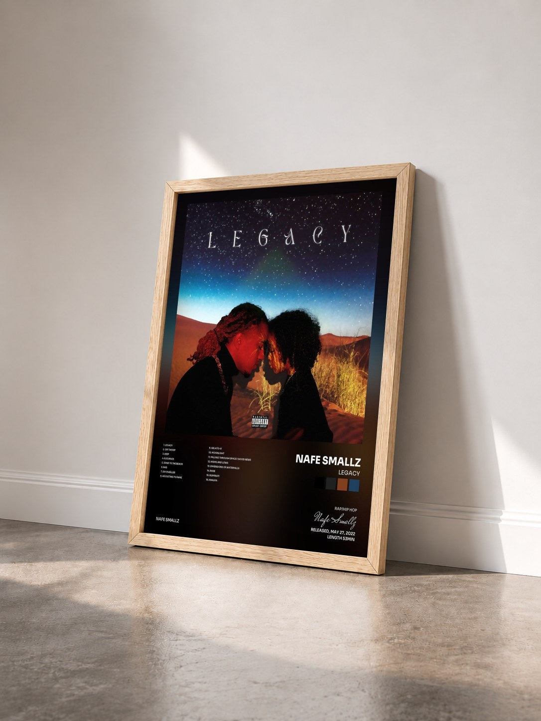 #bois Tableau de l'album Legacy de Nafe Smallz vu de trois quarts, cadre en bois brut