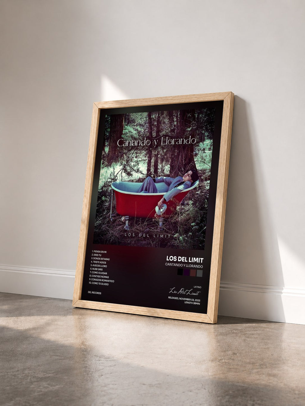 #bois Tableau de l'album Cantando y Llorando de Los Del Limit vu de trois quarts, cadre en bois brut