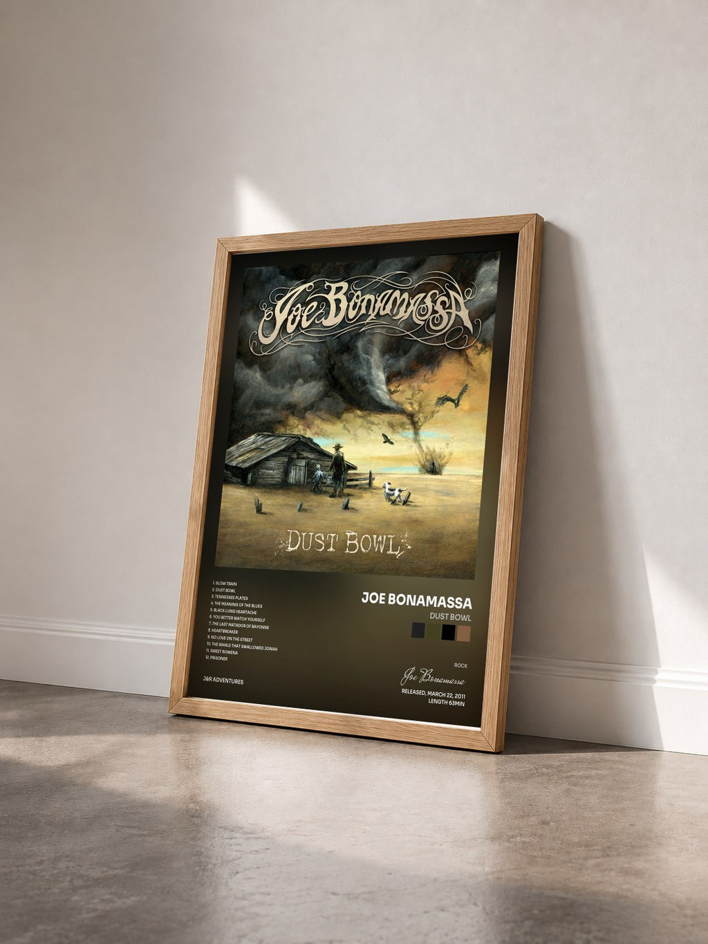 #bois Tableau de l'album Dust Bowl de Joe Bonamassa vu de trois quarts, cadre en bois brut