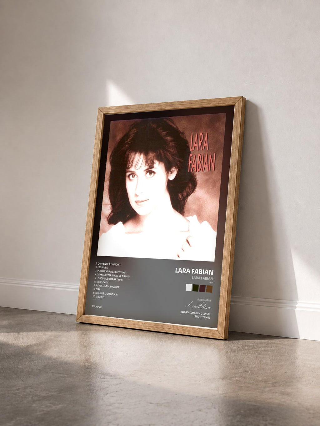 #bois Tableau de l'album Lara Fabian (1991) de Lara Fabian vu de trois quarts, cadre en bois brut