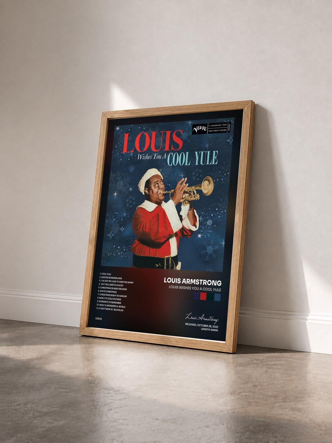 #bois Tableau de l'album Louis Wishes You a Cool Yule de Louis Armstrong vu de trois quarts, cadre en bois brut