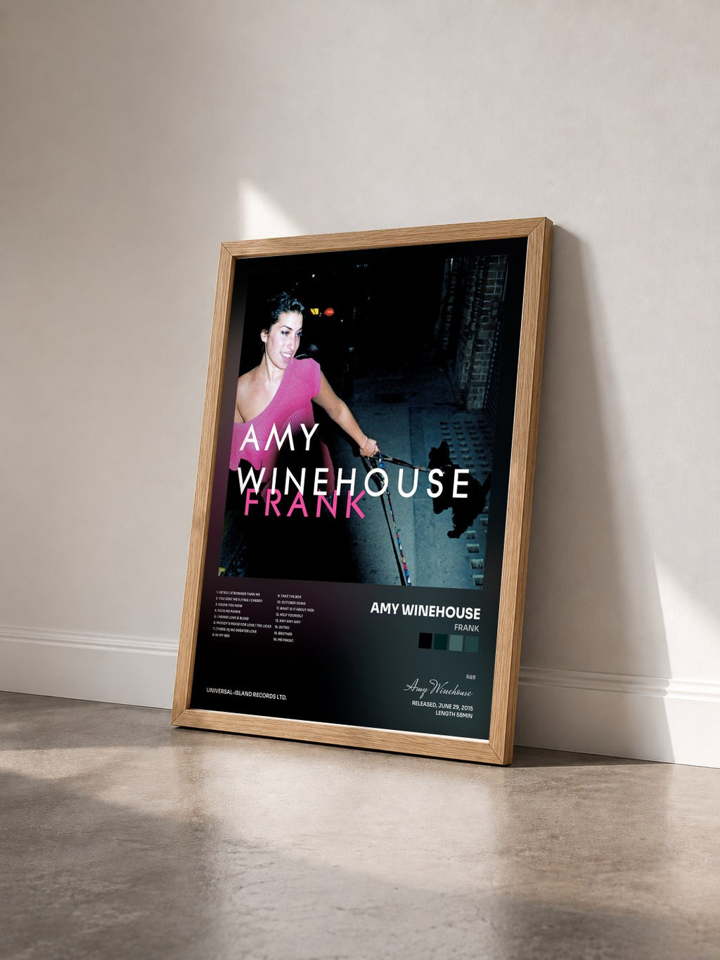 #bois Tableau de l'album Frank de Amy Winehouse vu de trois quarts, cadre en bois brut