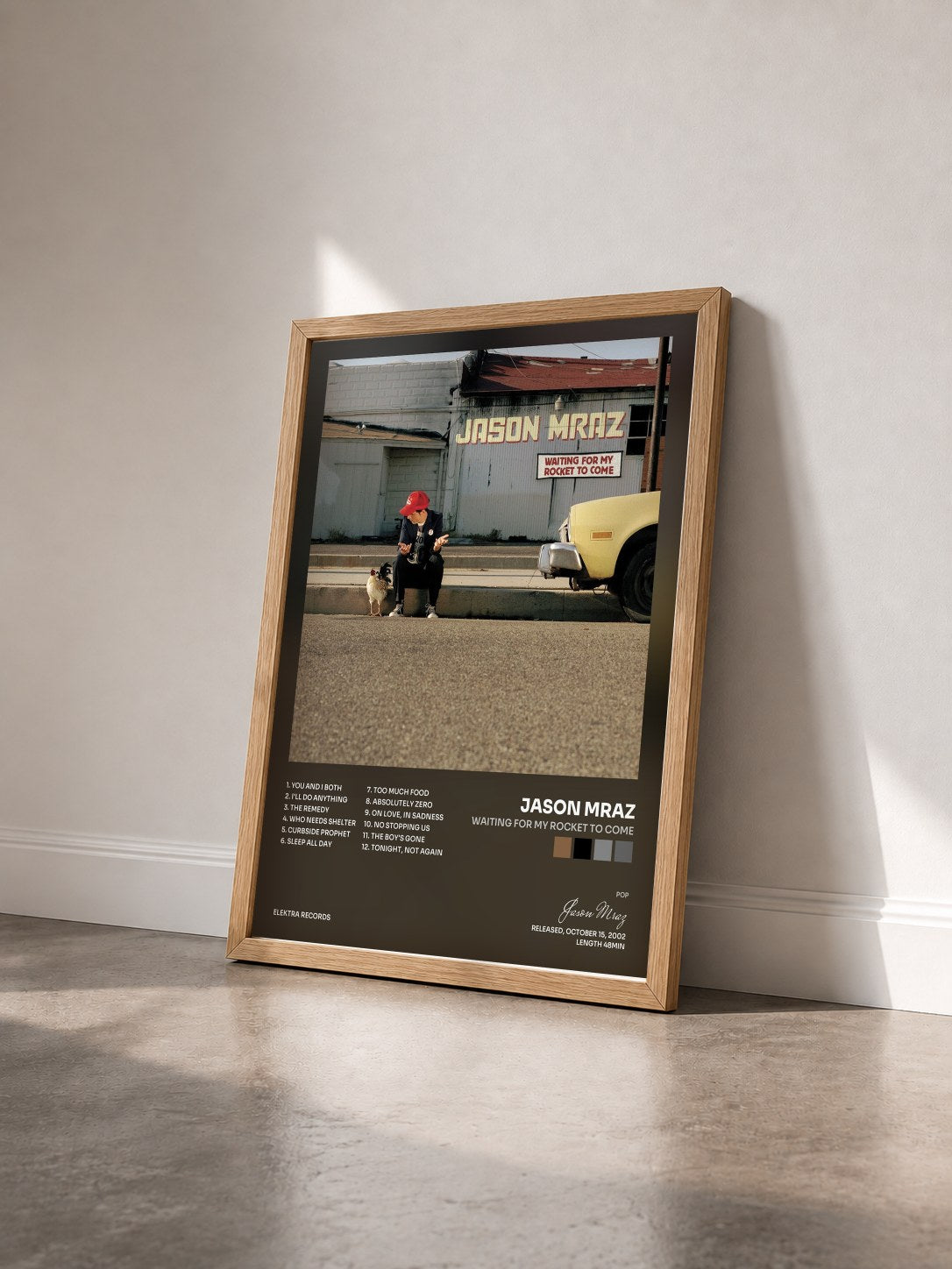 #bois Tableau de l'album Waiting for My Rocket to Come de Jason Mraz vu de trois quarts, cadre en bois brut