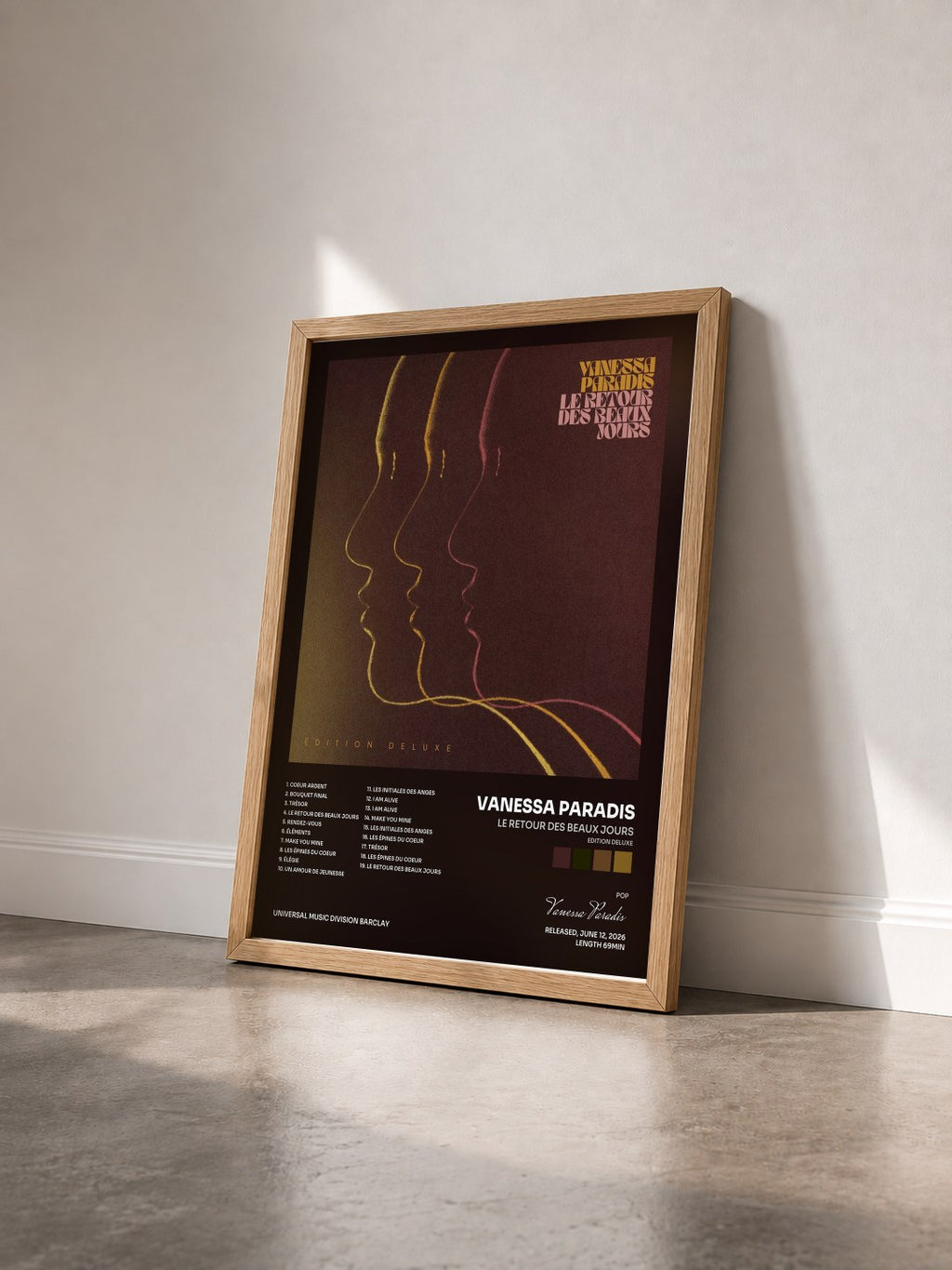#bois Tableau de l'album Le retour des beaux jours (Edition Deluxe) de Vanessa Paradis vu de trois quarts, cadre en bois brut