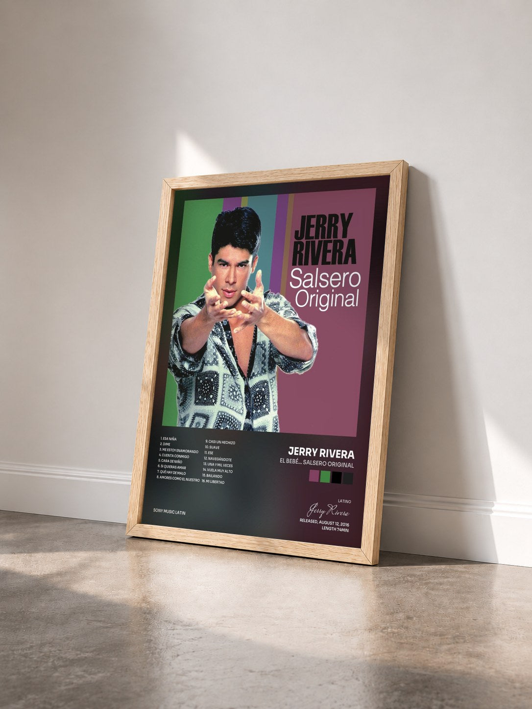 #bois Tableau de l'album El Bebé... Salsero Original de Jerry Rivera vu de trois quarts, cadre en bois brut