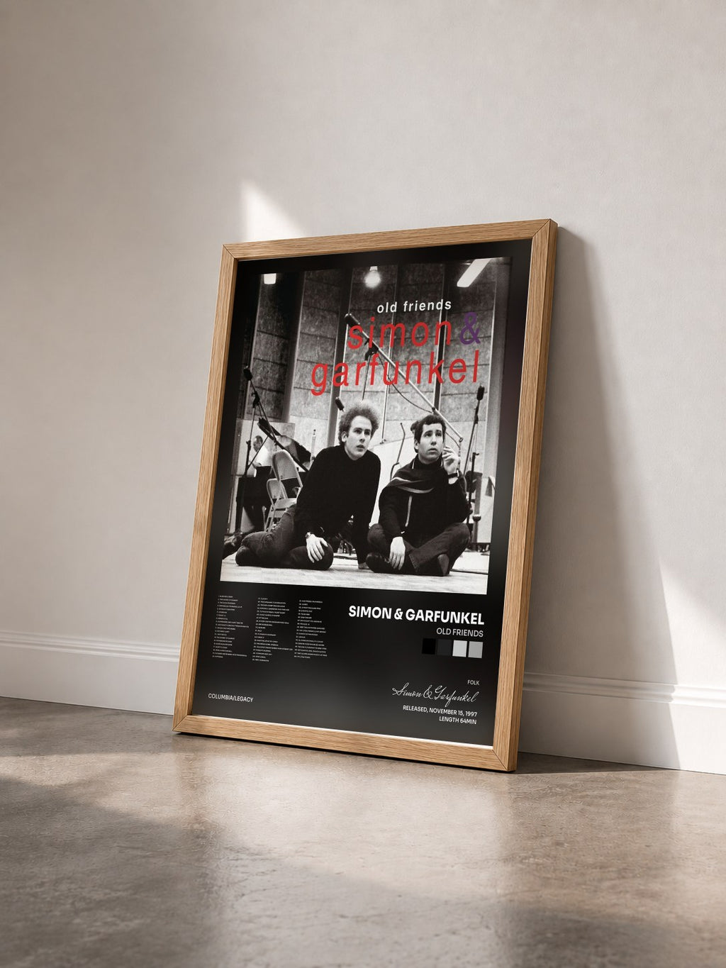 #bois Tableau de l'album Old Friends de Simon & Garfunkel vu de trois quarts, cadre en bois brut