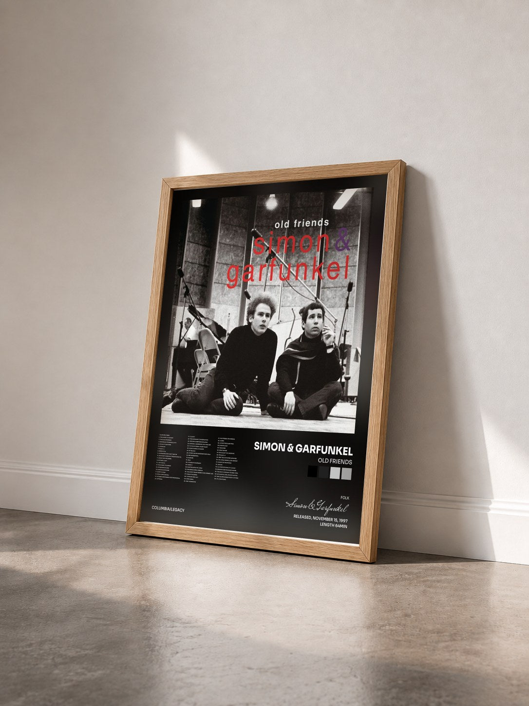 #bois Tableau de l'album Old Friends de Simon & Garfunkel vu de trois quarts, cadre en bois brut