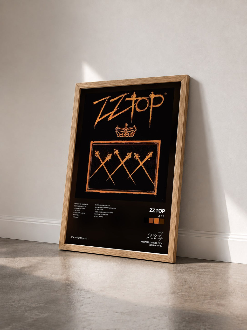 #bois Tableau de l'album X X X de ZZ Top vu de trois quarts, cadre en bois brut