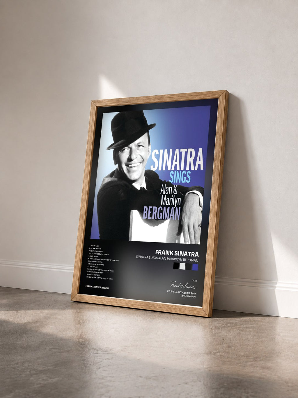 #bois Tableau de l'album Sinatra Sings Alan & Marilyn Bergman de Frank Sinatra vu de trois quarts, cadre en bois brut