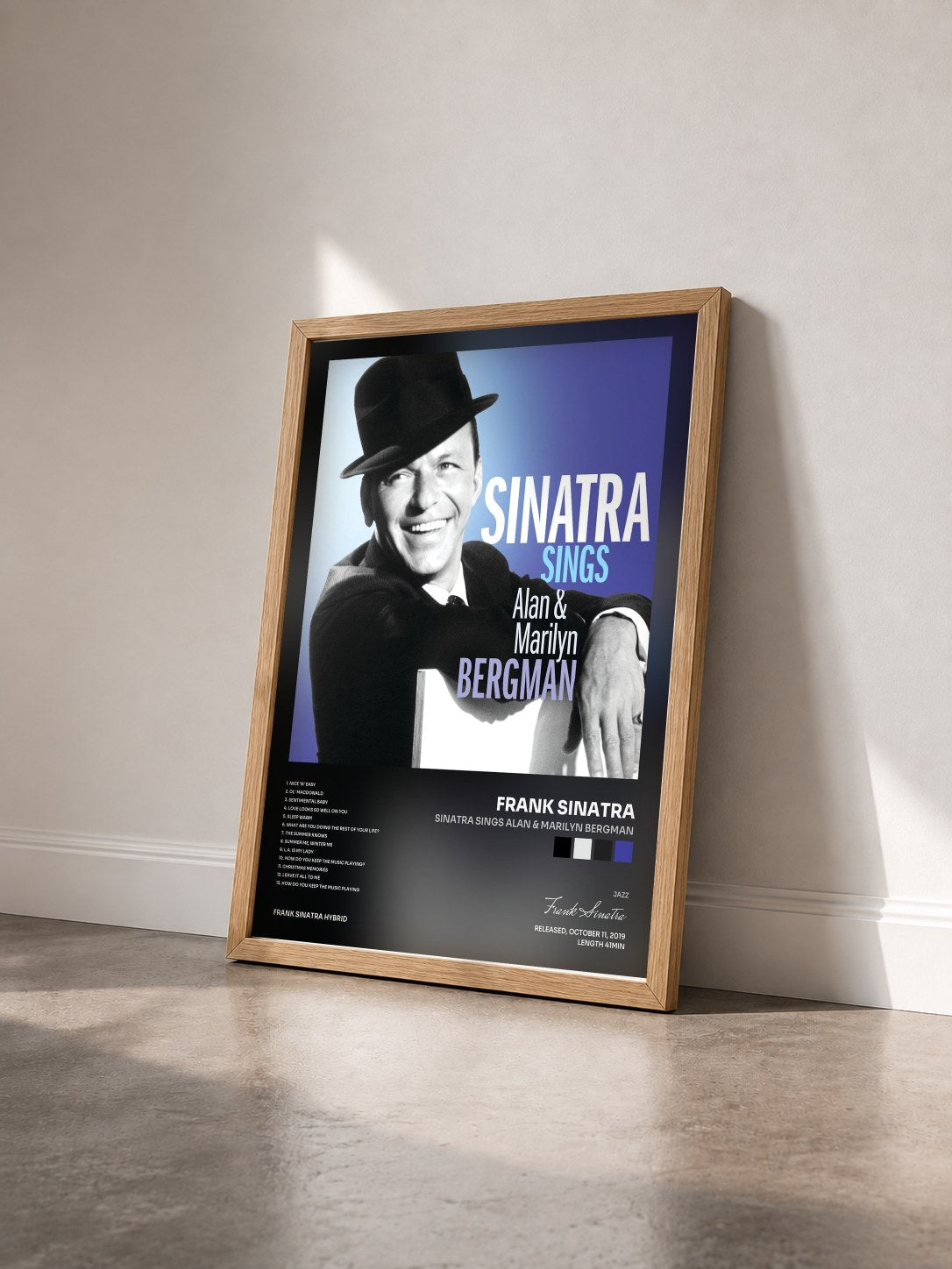 #bois Tableau de l'album Sinatra Sings Alan & Marilyn Bergman de Frank Sinatra vu de trois quarts, cadre en bois brut