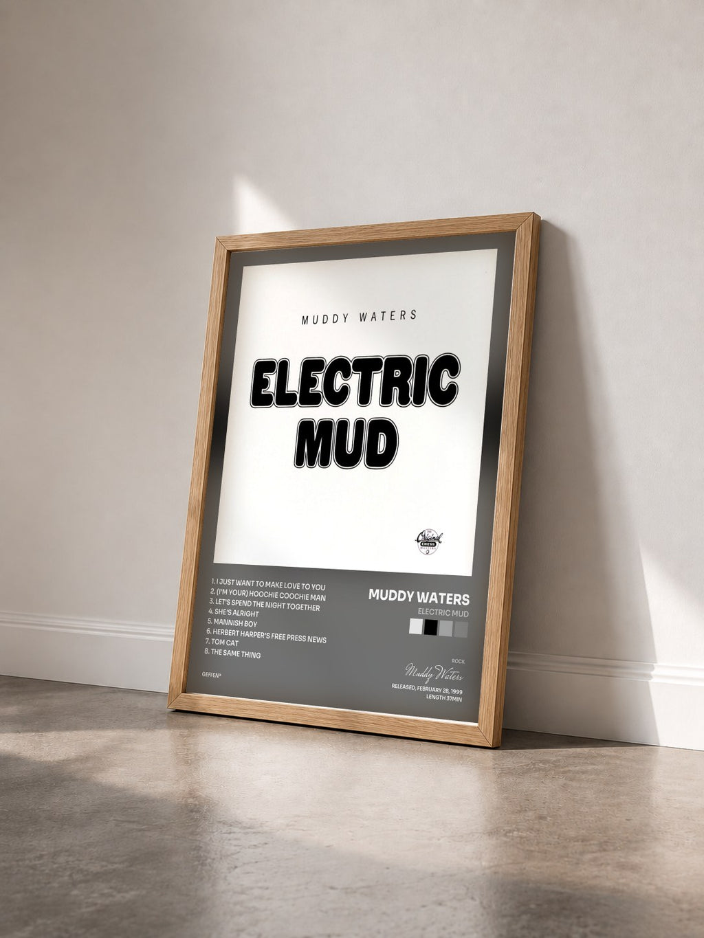 #bois Tableau de l'album Electric Mud de Muddy Waters vu de trois quarts, cadre en bois brut