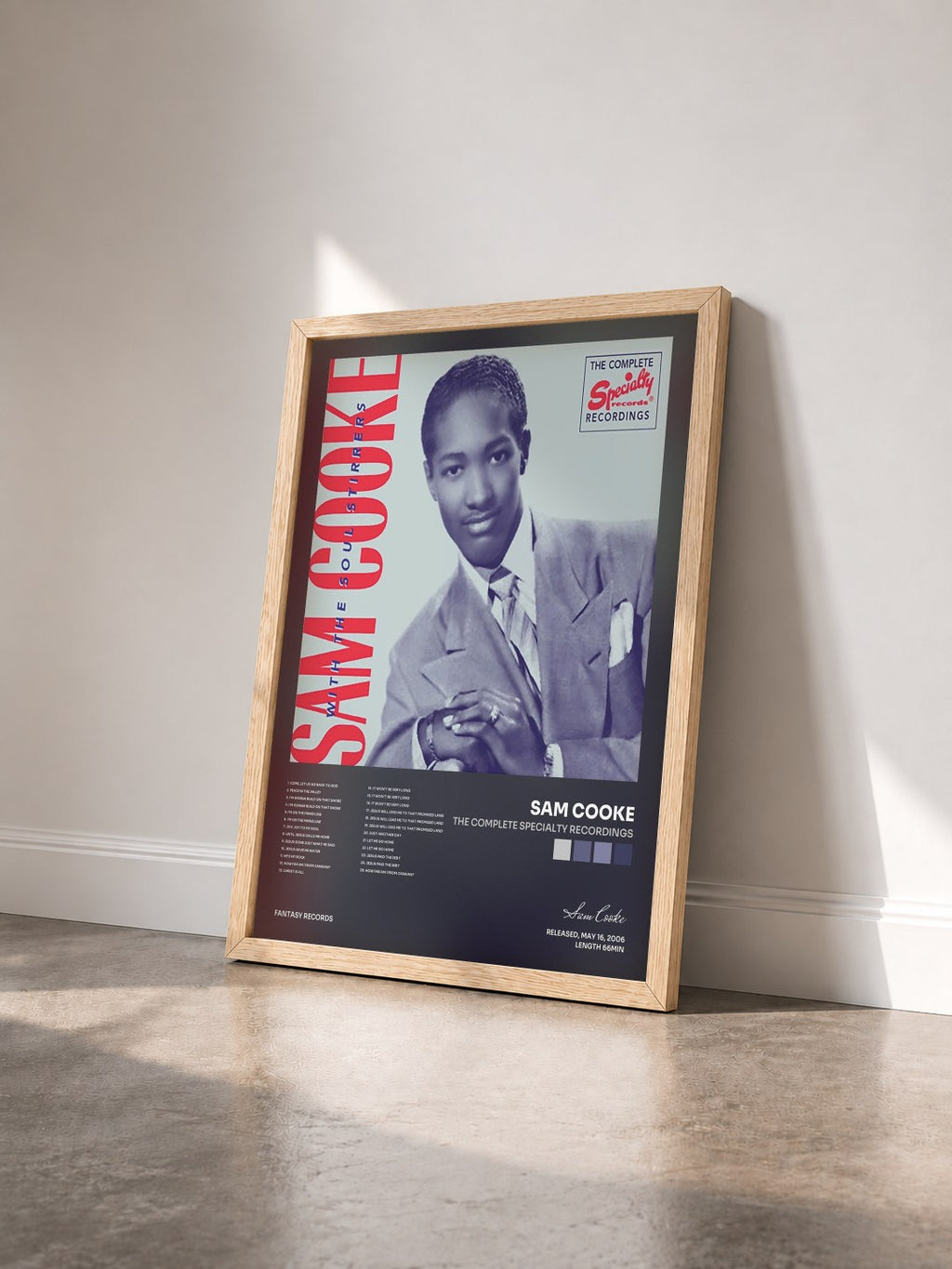 #bois Tableau de l'album The Complete Specialty Recordings de Sam Cooke vu de trois quarts, cadre en bois brut