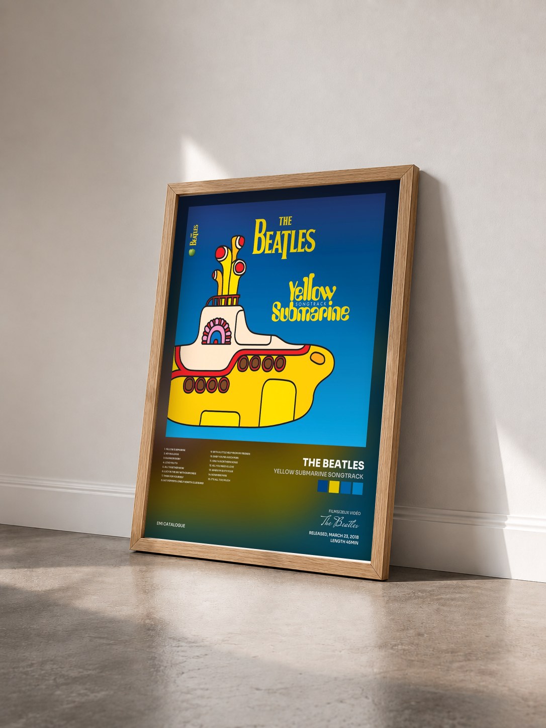 #bois Tableau de l'album Yellow Submarine Songtrack de The Beatles vu de trois quarts, cadre en bois brut
