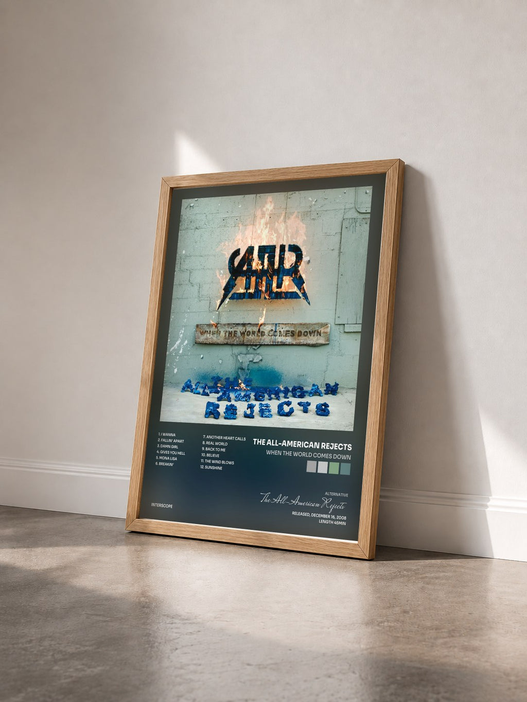 #bois Tableau de l'album When The World Comes Down de The All-American Rejects vu de trois quarts, cadre en bois brut