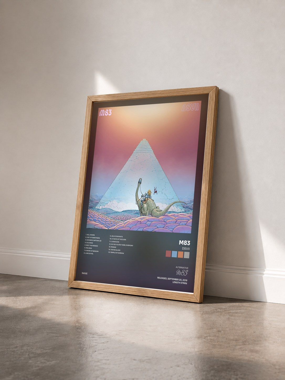 #bois Tableau de l'album DSVII de M83 vu de trois quarts, cadre en bois brut