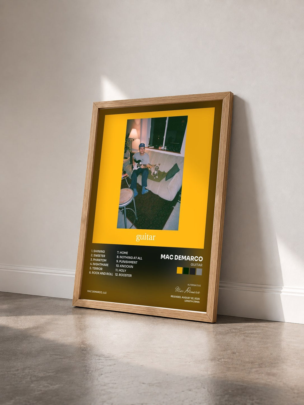 #bois Tableau de l'album Guitar de Mac Demarco vu de trois quarts, cadre en bois brut